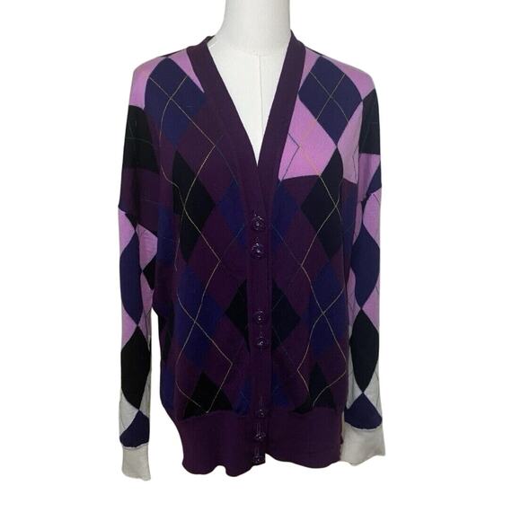 Escada Cardigan Womens XL Purple Argyle Sweater Wool Golf Career Academia - Picture 1 of 13
